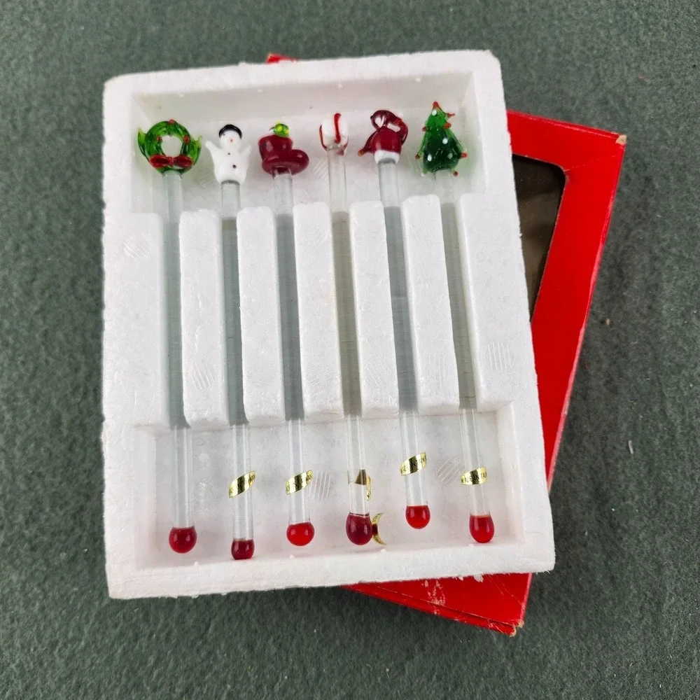 NEW 6 Vintage Glass Christmas‎ Winter Holiday Swizzle Sticks Bamberger's